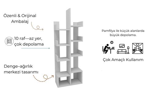 PAMFİLYA KİTAPLIK, MAT BEYAZ, 10 BÖLMELİ