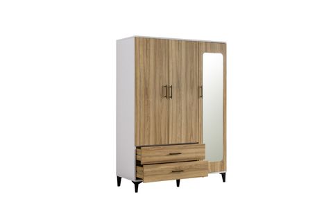 BLESK AYNALI ÇEKMECELİ GARDIROP, BEYAZ CEVİZ, 3 KAPAKLI