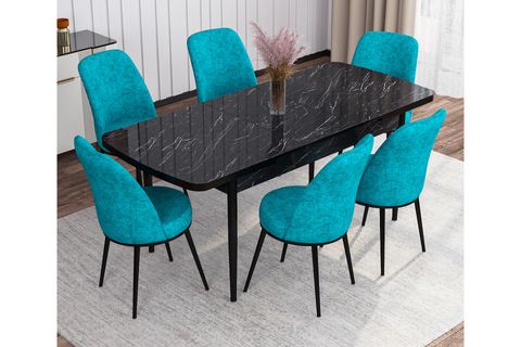 ROVENA LEONA AÇILABİLİR MUTFAK MASASI TAKIMI, SİYAH MERMER DESEN, TURKUAZ, 132X84