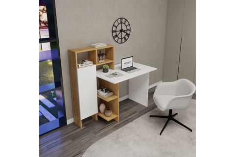 BUĞRA DOLAPLI RAFLI ÇALIŞMA BİLGİSAYAR MASASI, SAFİRMEŞE BEYAZ