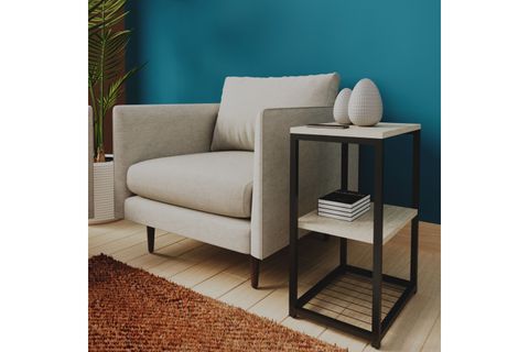 LİNA METAL AYAKLI AHŞAP RAFLI YAN SEHPA, TAŞ GRİ