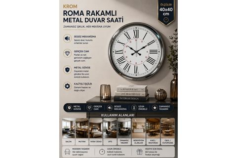 SİLVER ELEGANCE KROM METAL DUVAR SAATİ 40 CM