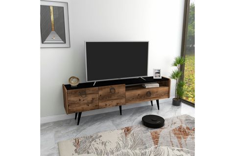 ARNETTİ LİNE DOLAPLI RAFLI TV ÜNİTESİ SİYAH AYAKLI, CEVİZ SİYAH - LİNE