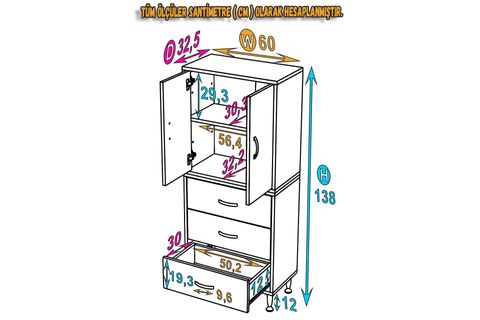 İLKİM ALT MODÜL ÇEKMECE ÜST MODÜL KAPAKLI BANYO DOLABI, 60 CM