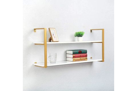 TASNİA GOLD METAL AHŞAP DUVAR RAFI 120 CM 2 KATLI