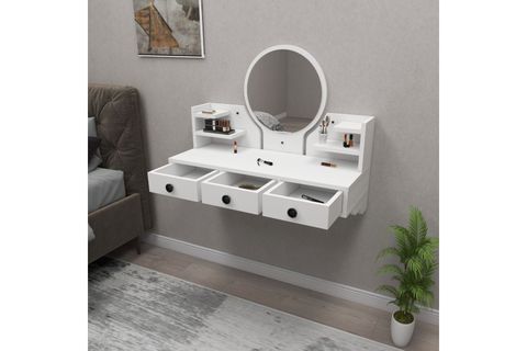 ARNETTİ POLİNA ÇEKMECELİ RAFLI DUVARA MONTE AYNALI MAKYAJ MASASI, BEYAZ - POLİNA