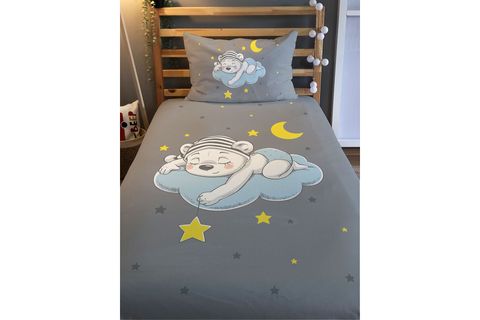 EVMİLA GRİ UYKUCU AYICIK DESENLİ ÇOCUK YATAK ÖRTÜSÜ