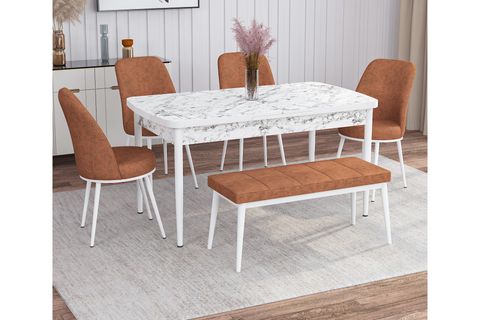 ROVENA LEONA AÇILABİLİR MUTFAK MASASI TAKIMI, BEYAZ MERMER DESEN, KİREMİT, 132X80