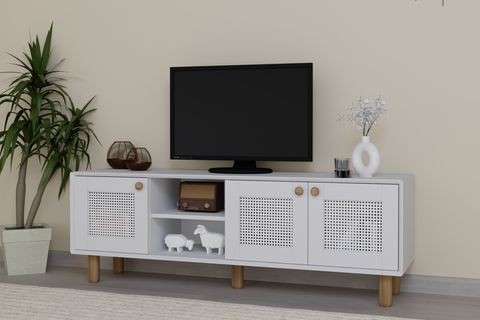 BOHEM SERİSİ NATURA PVC HASIR DESEN TV ÜNİTESİ, NATURA MAT BEYAZ