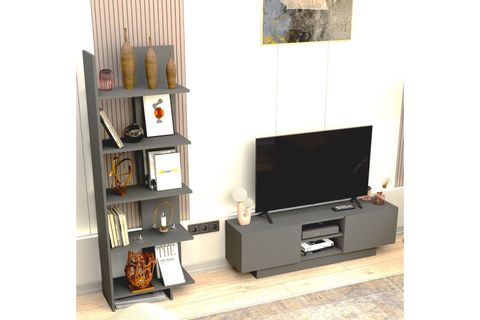 DORA TV SEHPASI VE ASİMETRİK BEŞ RAFLI KİTAPLIK, ANTRASİT