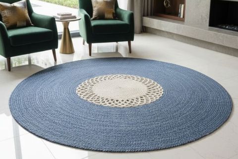 MANDALA YUVARLAK MODEL HALI, MAVİ BEYAZ, 150 CM