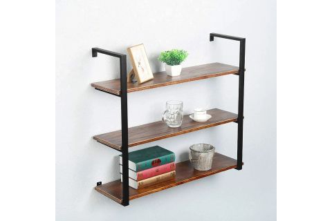 TASNİA SİYAH METAL AHŞAP DUVAR RAFI 90 CM 3 KATLI