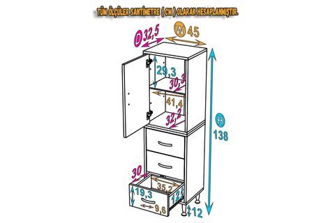 İLKİM ALT MODÜL ÇEKMECE ÜST MODÜL KAPAKLI BANYO DOLABI, 45 CM