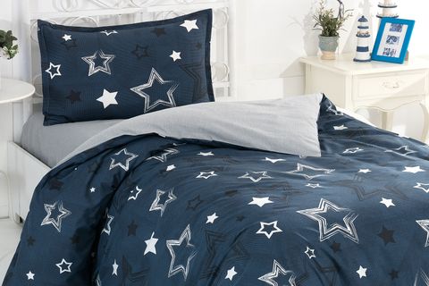 EVLEN HOME YILDIZ DESEN TEK KİŞİLİK NEVRESİM TAKIMI, LACİVERT, 160X220 CM