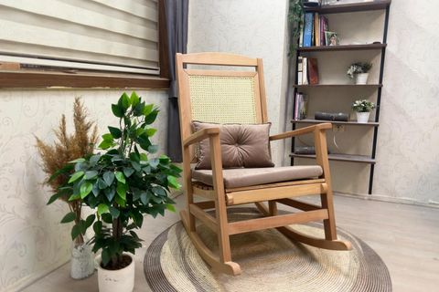 ASEDİA VERANDA HASIRLI MİNDERLİ SALLANAN SANDALYE, KAHVERENGİ, NATUREL AYAK