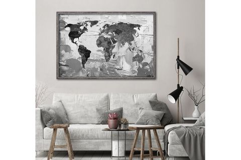 ÇERÇEVELİ BLACK WHİTE WORLD MAP YAĞLI BOYA DOKULU TABLO,
