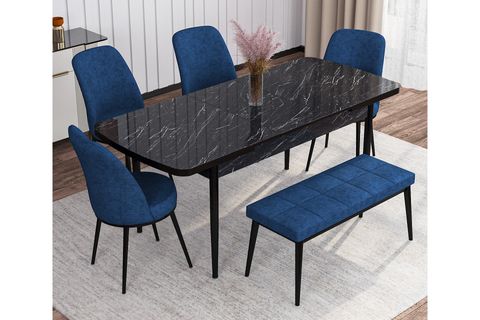 ROVENA LEONA AÇILABİLİR MUTFAK MASASI TAKIMI, SİYAH MERMER DESEN, LACİVERT, 132X80
