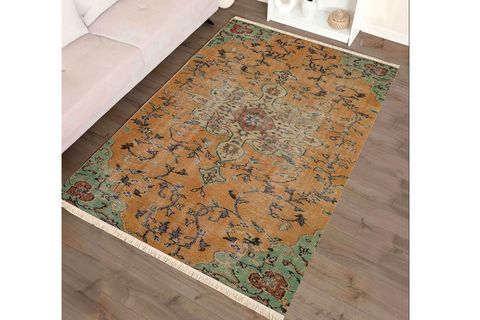 VİNTAGE MADALYON DESENLİ BEJ ETNİK KİLİM DOKUMA TABAN HALI, 324 YNG, 60X120 CM