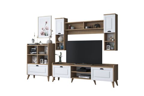 RANİ DUVARA MONTE TV ÜNİTESİ AA101, DUVAR RAFLI KİTAPLIKLI, CEVİZ BEYAZ