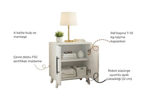 LUMEN RAFLI KLASİK KOMODİN, MAT BEYAZ, 2 KAPAKLI