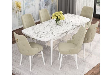 ROVENA MONA AÇILABİLİR MUTFAK MASASI TAKIMI, BEYAZ MERMER DESEN, KREM, 132X80
