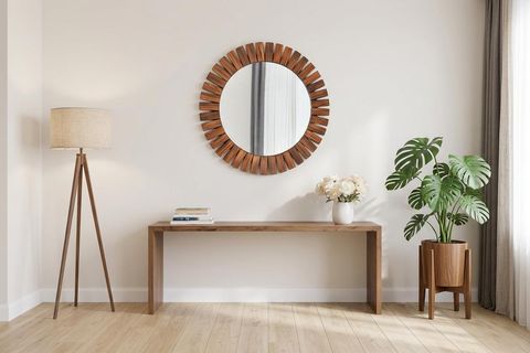 DFN WOOD FLOWER CEVİZ RENGİ AHŞAP YUVARLAK AYNA, 50X50 CM