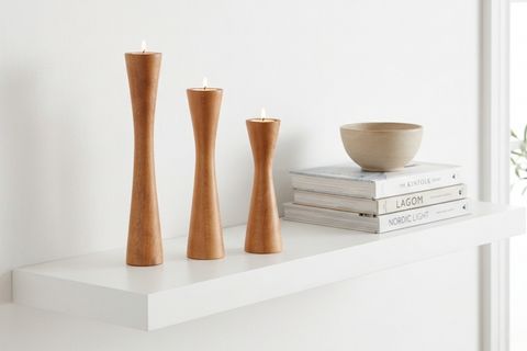 DİVAN KAYIN AHŞAP ÜÇLÜ ŞAMDAN SETİ, AÇIK RENK,  15-20-25 CM