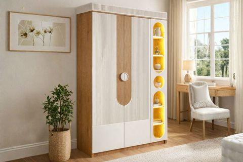 VİRA NEW 2 KAPAKLI LEDLİ KİTAPLIKLI DOLAP, KREM CEVİZ