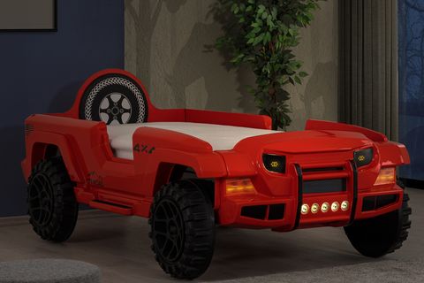 JEEP SÜPERLÜX LEDLİ ARABALI YATAK, KIRMIZI, 90X190