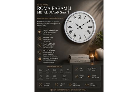 WHİTE PRİME ROMA RAKAMLI METAL DUVAR SAATİ 40 CM