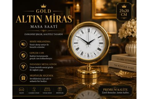 GOLD ALTIN MİRAS METAL MASA SAATİ 25X20 CM