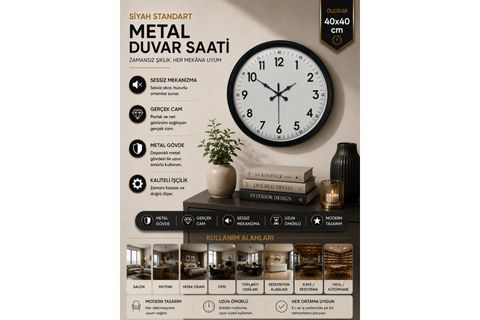 SİYAH METAL STANDART DUVAR SAATİ 40 CM