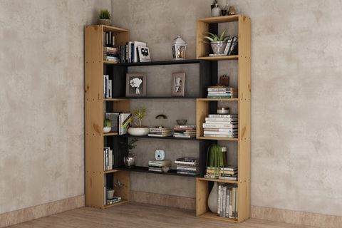 WOODESK DUBLİN MASİF AHŞAP KİTAPLIK, NATURAL-SİYAH RENK, 190X200 CM