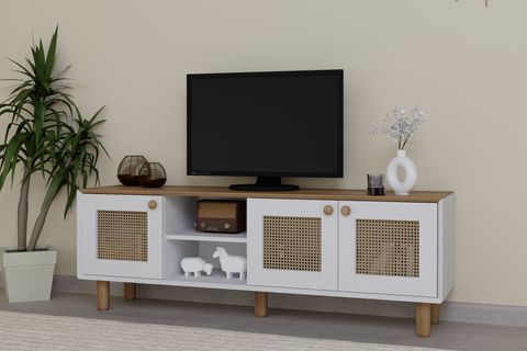 BOHEM SERİSİ NATURA PVC HASIR DESEN TV ÜNİTESİ, GARDEN MEŞE BEYAZ