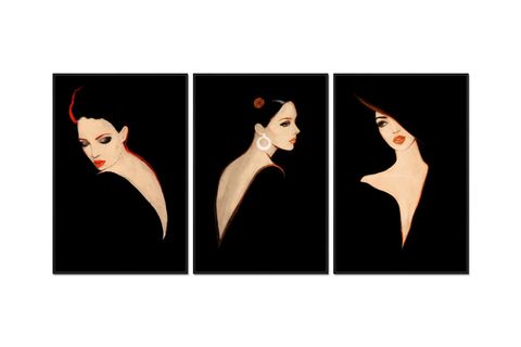 KIRMIZI SİYAH KADIN AKRİLİK ÜÇLÜ TABLO SETİ, 80X120