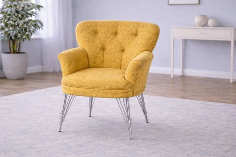 PUFY KOLLU TEKLİ BERJER, SARI, METAL KROM AYAK