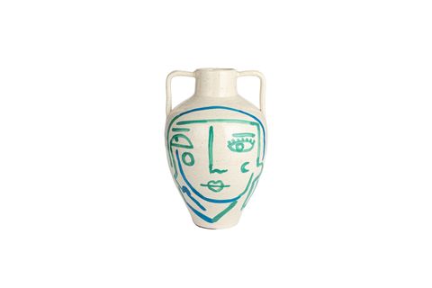 BEYAZ MAVİ TURKUAZ SOYUT YÜZ TERRACOTTA VAZO BOHO