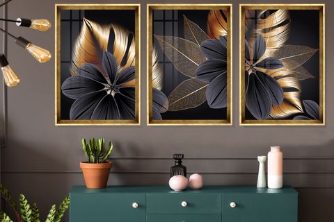 BLACK COPPER PLANT LEAF TABLO SETİ, GOLD ÇERÇEVE, 33X48