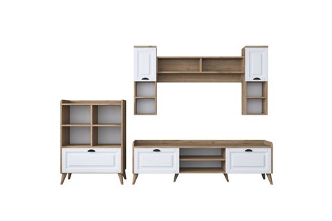 RANİ DUVARA MONTE TV ÜNİTESİ AA101, DUVAR RAFLI KİTAPLIKLI, CEVİZ BEYAZ