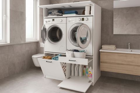 LİPA ÇAMAŞIR VE KURUTMA MAKİNESİ BANYO DOLABI, KİRLİ SEPETLİ, BEYAZ