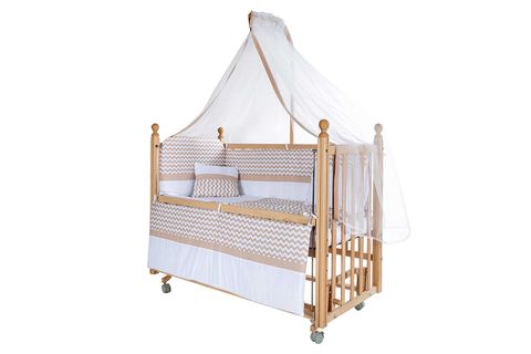 BABY TECH KLASİK ANNE YANI NATUREL SALLANIR TEKERLEKLİ BEŞİK, KAHVE ZİKZAK UYKU SETİ, 60X120