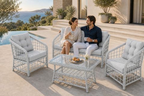 ATAKUM 4 KİŞİLİK MİNDERLİ RATTAN BAHÇE BALKON OTURMA GRUBU, GRİ