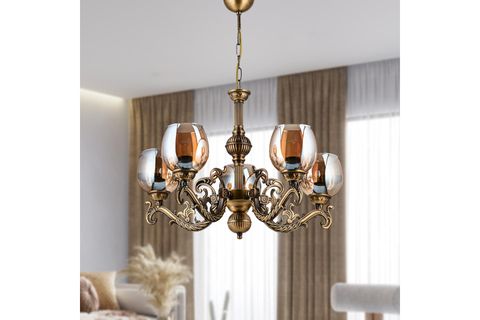 SAVA ZAMAK AVİZE BAL RENGİ CAMLI, BEŞ KOLLU