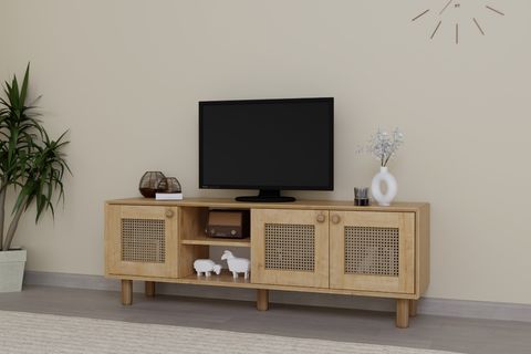 BOHEM SERİSİ NATURA PVC HASIR DESEN TV ÜNİTESİ, CEVİZ MEŞE