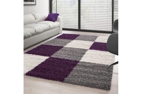 SHAGGY HALI, TÜYLÜ, KARE DESENLİ, MOR BEYAZ, 80X150