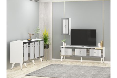 BARE TV ÜNİTESİ + ORTA SEHPA + KONSOL SALON TAKIMI, BEYAZ GÜMÜŞ
