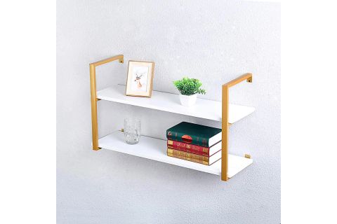 TASNİA GOLD METAL AHŞAP DUVAR RAFI 90 CM 2 KATLI