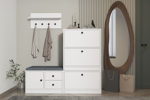 LUNA PUFLU RAFLI ASKILIKLI ÇEKMECELİ BEYAZ VESTİYER ÇITASIZ 130 CM VST 1105 Ç