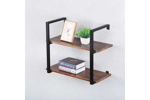 TASNİA SİYAH METAL AHŞAP DUVAR RAFI 60 CM 2 KATLI