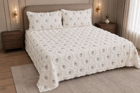 ÇAPA HOME LİZZY ŞÖNİL JAKAR NAKIŞLI YATAK ÖRTÜSÜ, KREM PUDRA, ÇİFT KİŞİLİK